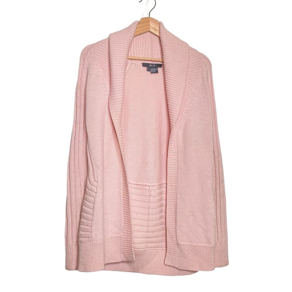 Per Se Merino Wool Women Open Front Pink Long Sleeve Knit Sweater Cardigan Small
